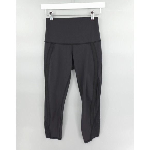 Lululemon Leggings Womens 4 Black Crop Laser Cut-Out Wide-Waistband Running - Picture 1 of 15